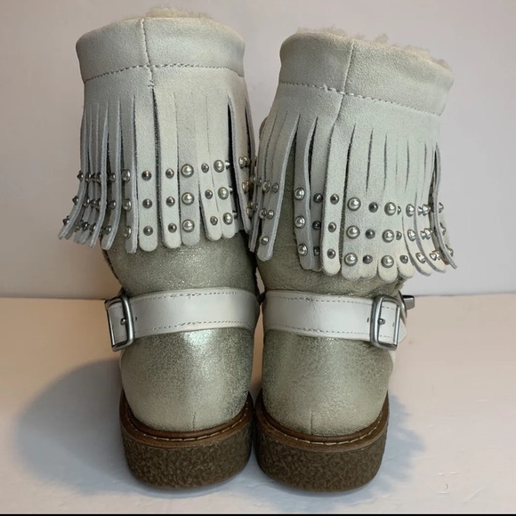 Coach Moccasin Fringe Natural Gold Leather Sheepskin Studded Moto Boots size 5 - Picture 12 of 13